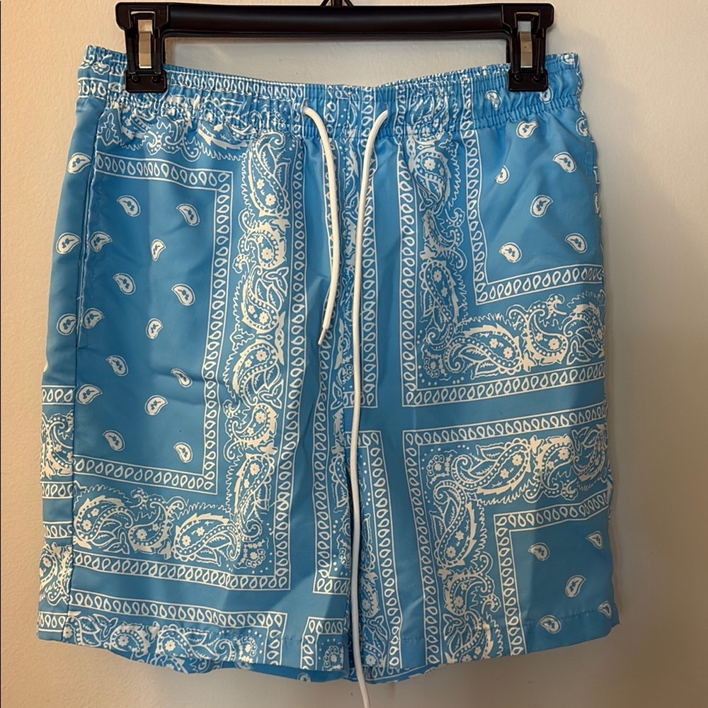 Amazon Blue and White Paisley Swim Trunks